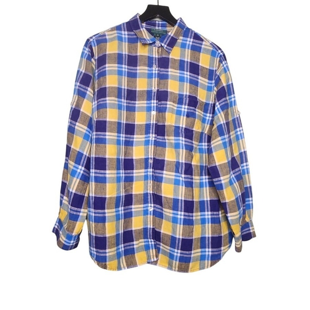 Lauren Ralph Lauren Linen Button Shirt Yellow Blue Paid Roll Tab Preppy 2X - Picture 2 of 5
